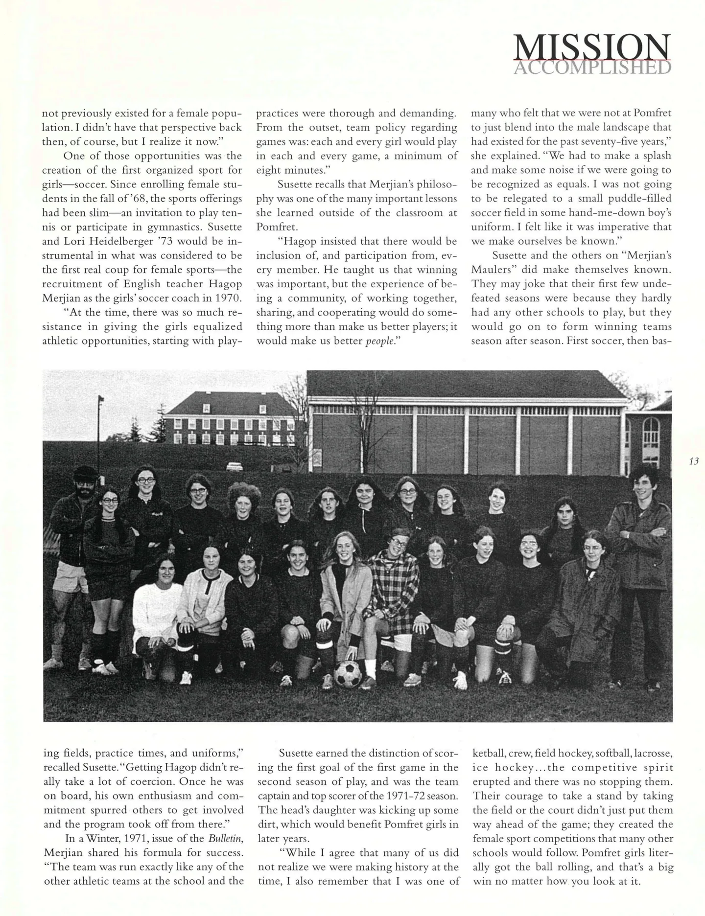 Page 13: Girls' Soccer — First Organized Sport