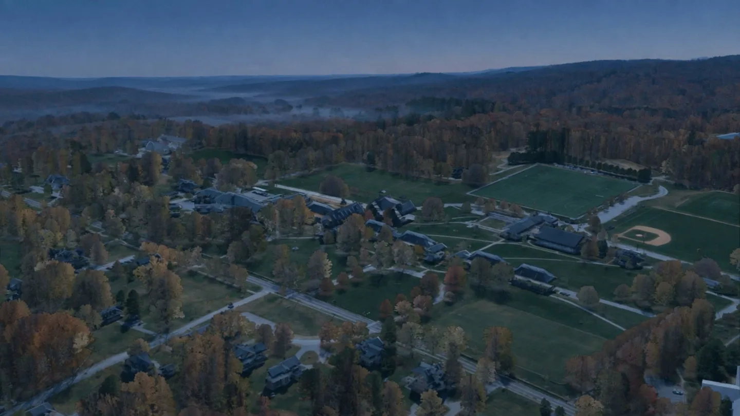 AI-generated atmosphere: the Pomfret School campus from the north-east at blue hour, built from a real 2023 survey of the hill.
