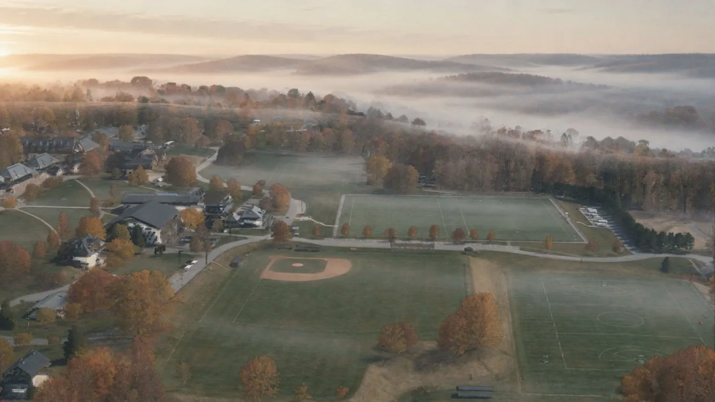 AI-generated atmosphere: morning fog over the Pomfret School playing fields, built from a real 2023 survey of the hill.