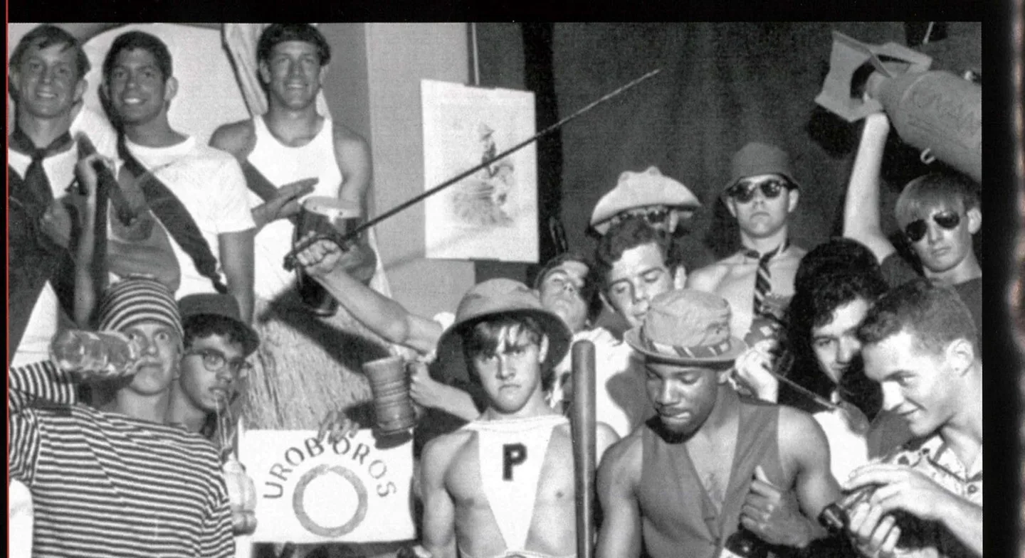 John Irick, center right, with his dormmates in the humorous costume photograph printed in the 1964 Pomfret yearbook